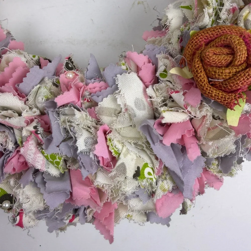 Handmade Shabby Chic Owl Rag Wreath Pink Grey Burlap Roses Nursery Decor 12